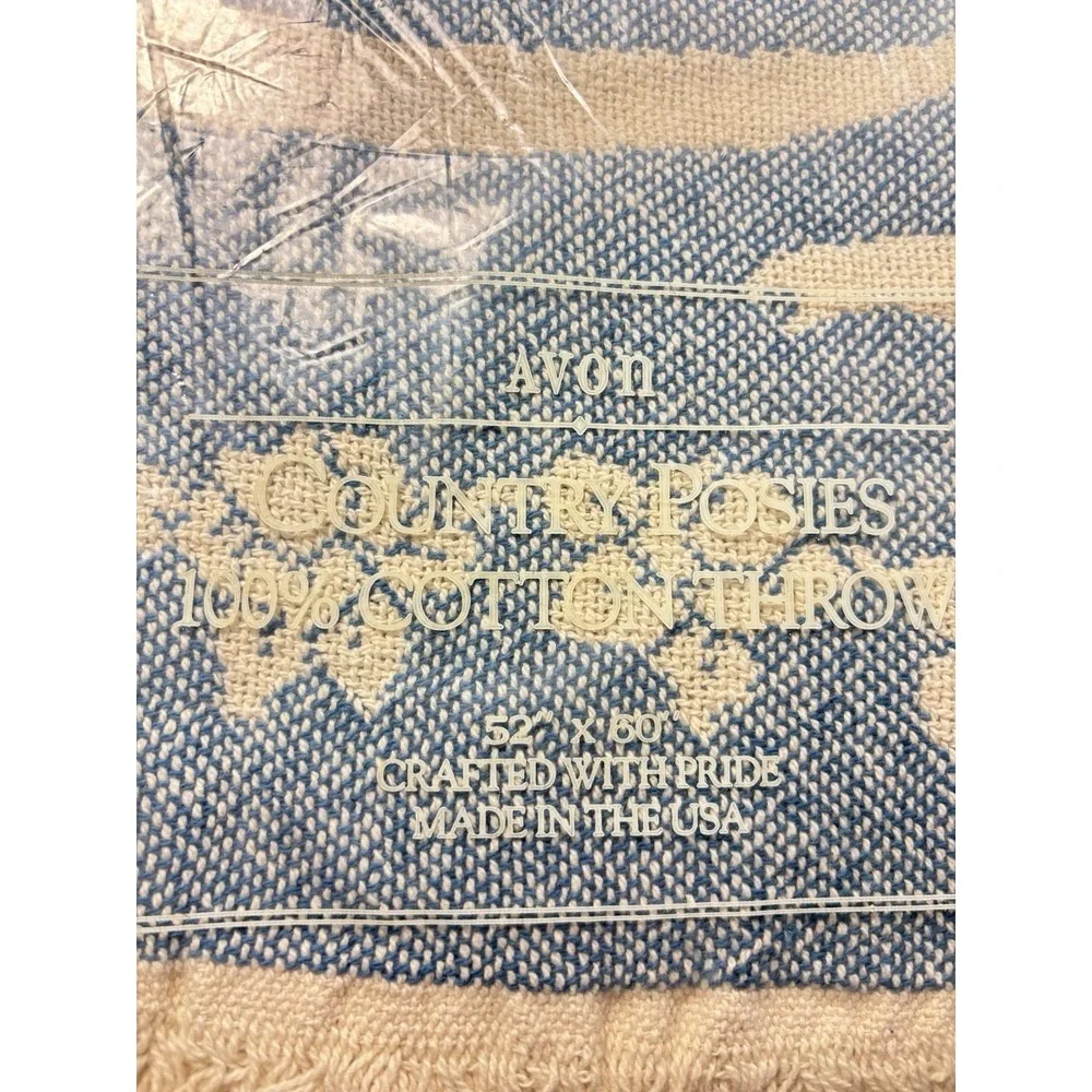 Avon Country Posies 100 % Cotton Throw 52 X 60 Blue And White Vtg New Old Stock
